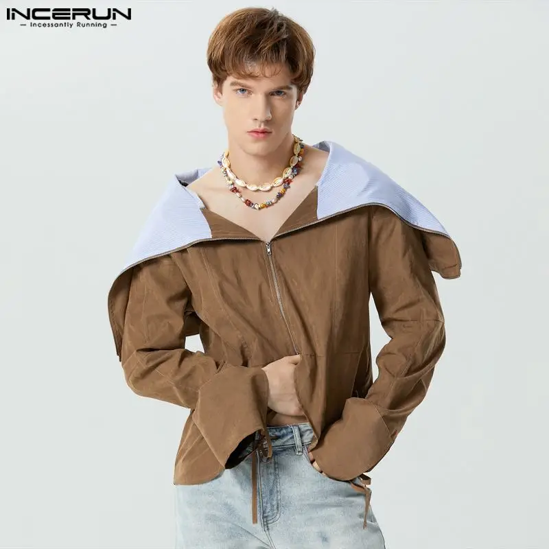 

2023 Men Irregular Shirt Patchwork Lapel Long Sleeve Fashion Casual Men Clothing Streetwear Zipper Loose Camisas S-5XL INCERUN