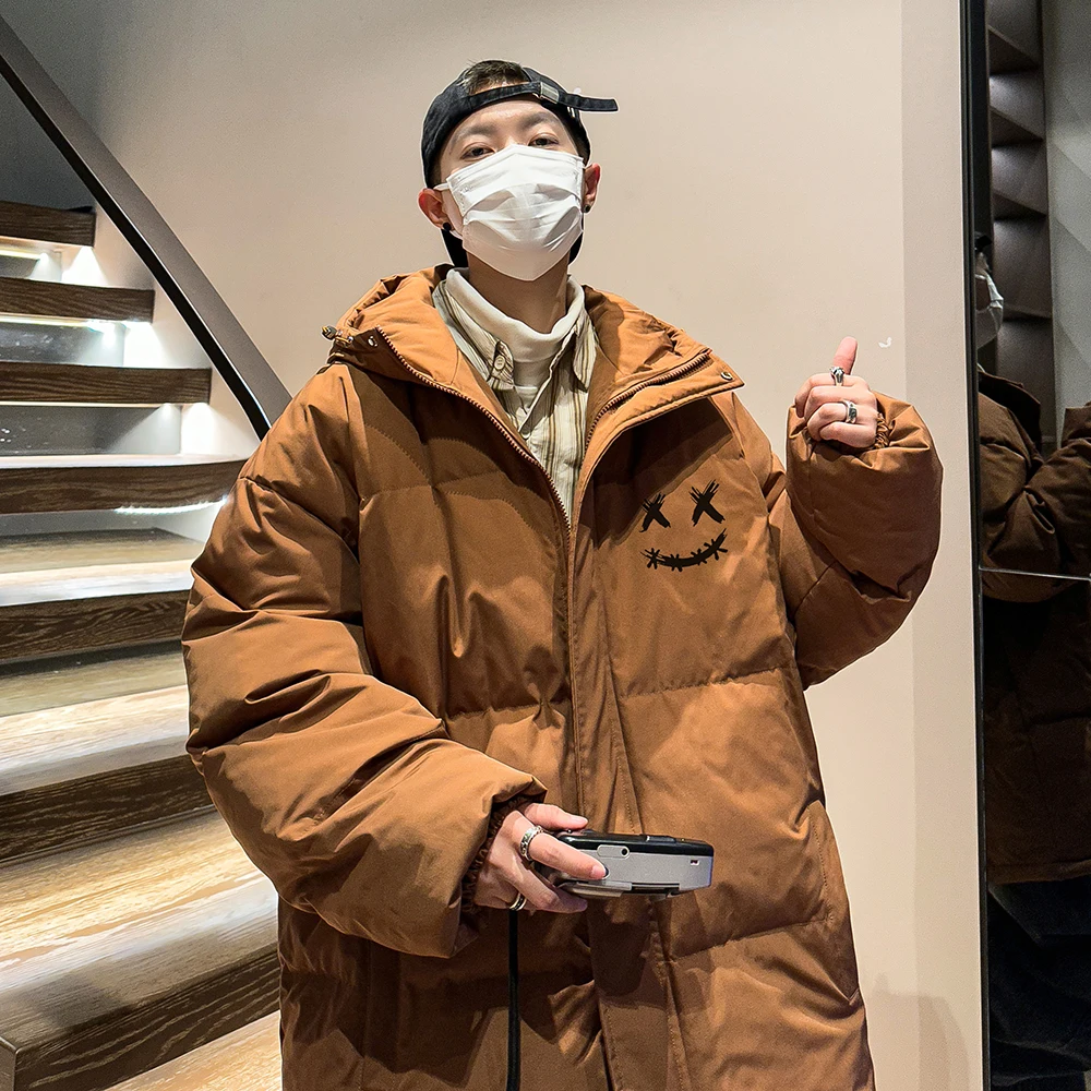 

2022 Men Solid Parkas Winter Casual Padded Jacket Hooded Down Thick Coats Jakets Heavy Waterproof Bread Big Pocket Smiling Face