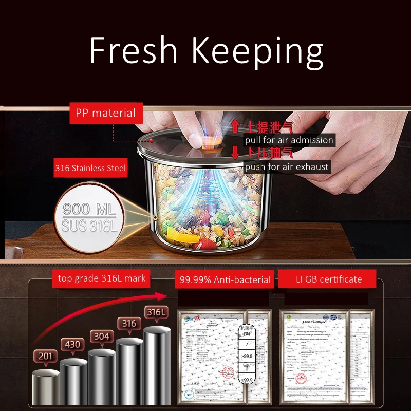 316 Stainless Steel Round Cripser Air Exhaust Fresh Keeping 99.99% Anti-bacterial Fridge Storage Food Box food storage container