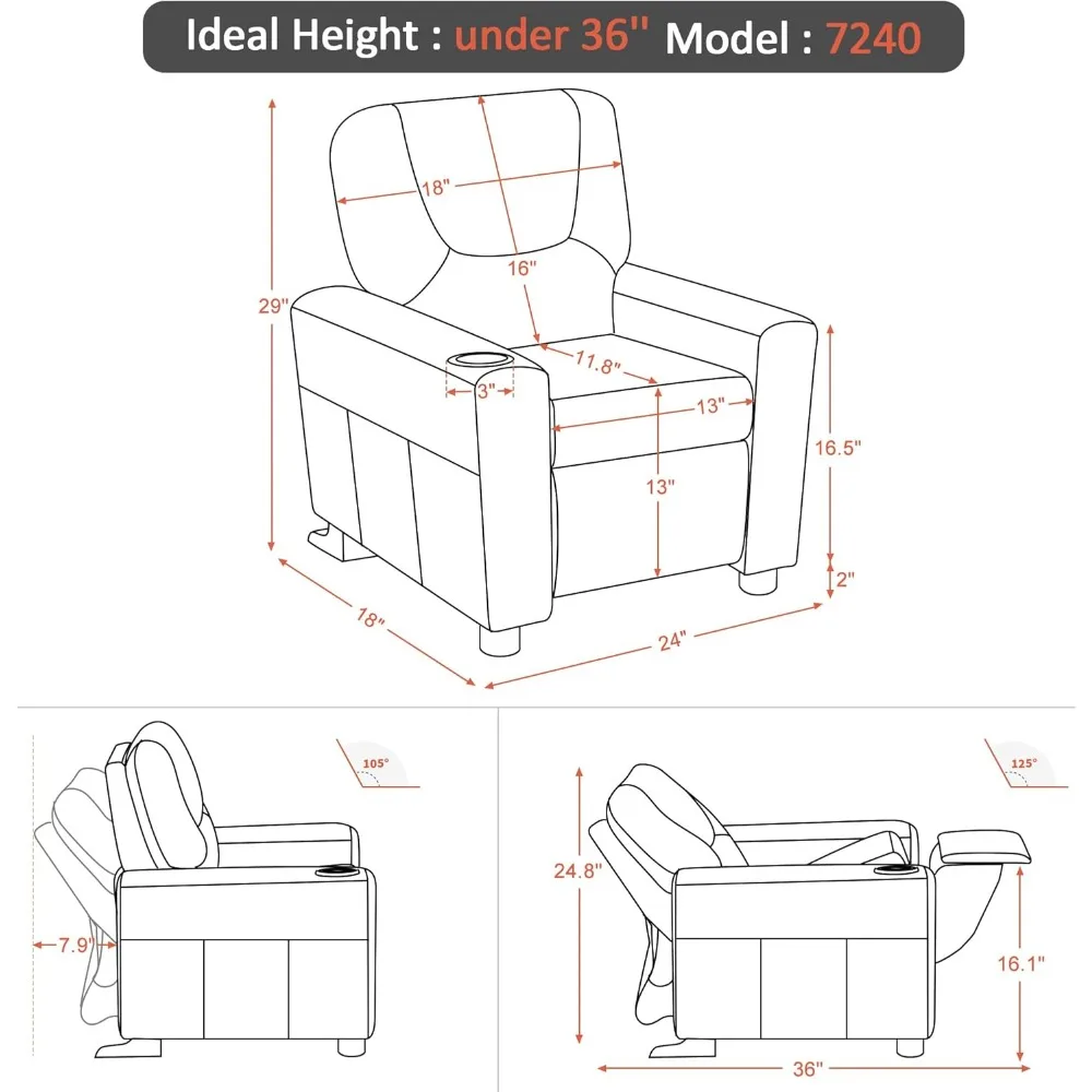 Kids Recliner Chair with Cup Holders for Boys and Girls Room,Armrest Sofa Couch with Cup Holder for Toddlers,Faux Leather 7240 2