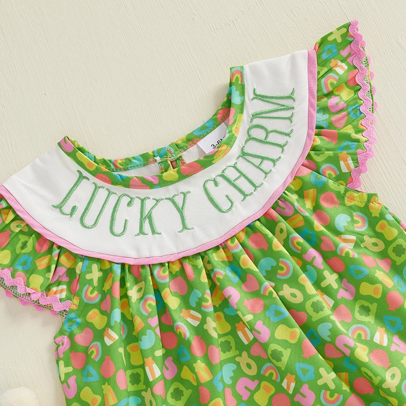 Newborn Infant Baby Girl Bubble Romper Lucky Charm Ruffle Sleeveless Cartoon Smocked Jumpsuit My First St Patricks Day Outfit 4