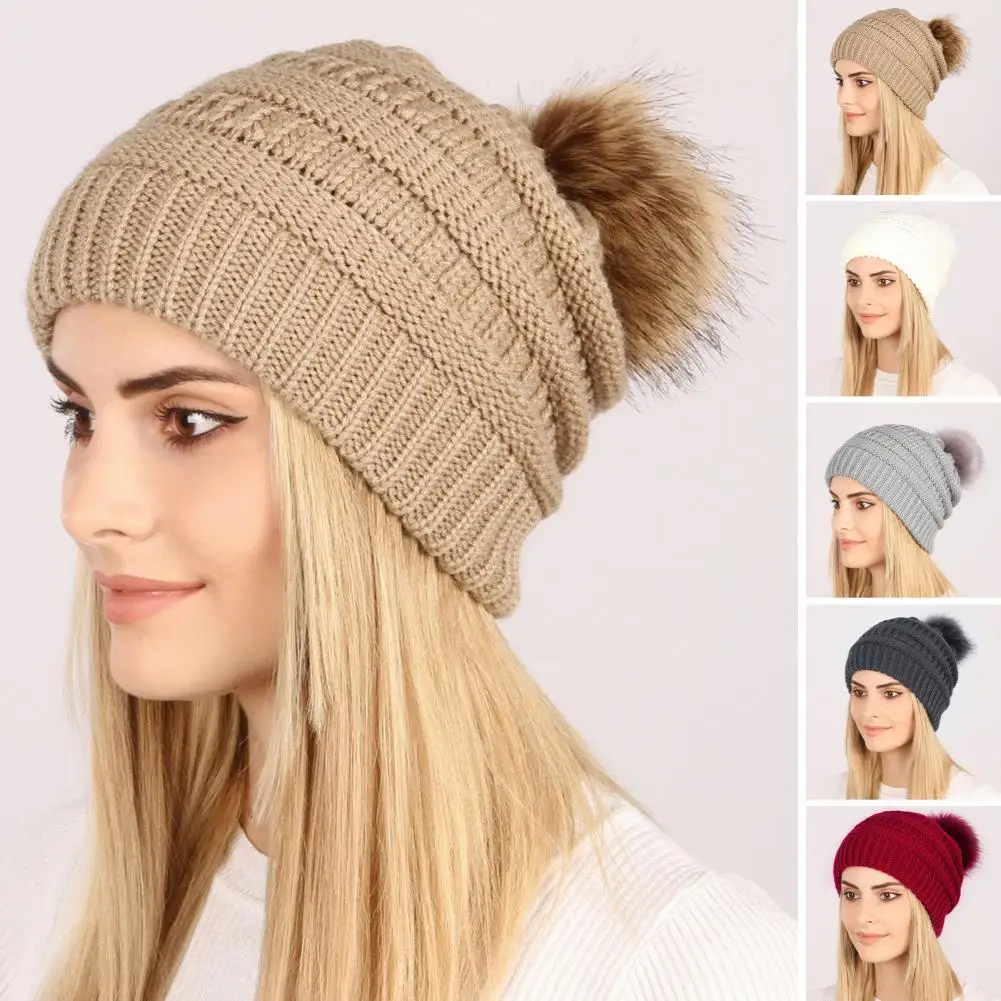

Unisex Knitted Hat Cozy Knitted Women's Hat with Plush Ball Decor Warm Windproof Anti-slip Lady Beanie for Outdoor Protection