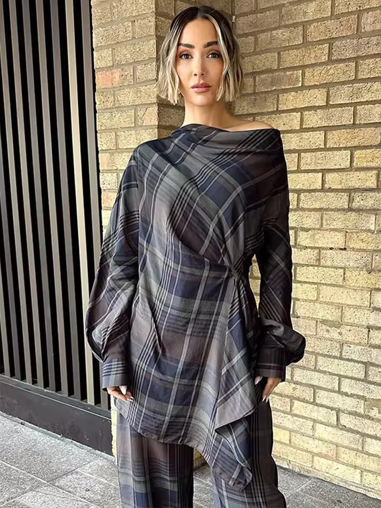 Casual Plaid Pants Women Set Fashion Droop Pleated Top Straight Trousers 2 Piece Sets For Women 2026 Winter Spring Woman Outfit