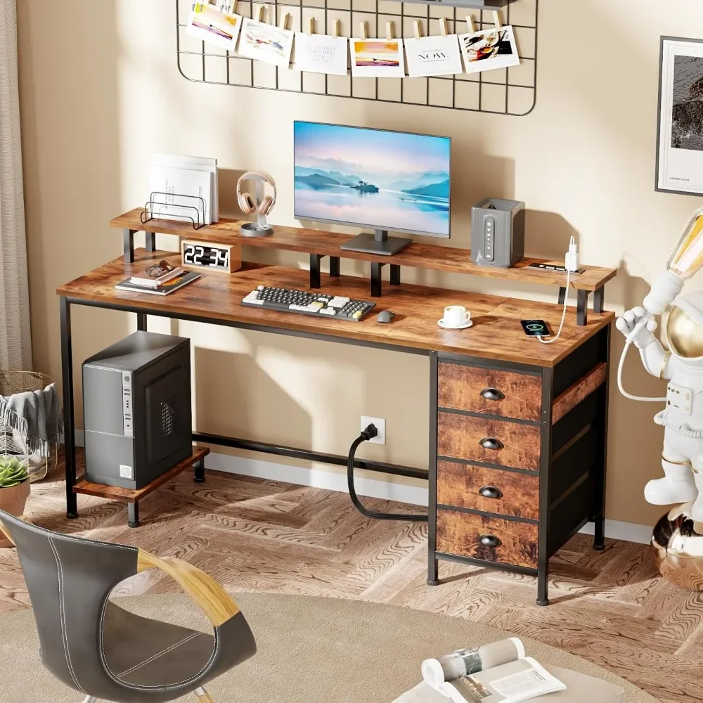 New2025-55 Inch Computer Desk Gaming with 4 Fabric Drawers with Power Outlets and LED Lights for Home Office with Full Monitor S