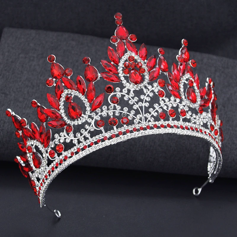 Royal Queen Wedding Crown for Women Large Red Crystal Banquet Tiara Headpiece Bridal Party Costume Hair Jewelry Accessories