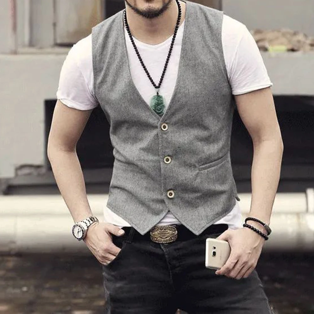 Men's Business British Style Retro Linen Vest Summer Thin Section Slim Three Button V-Neck Slim Gentleman Casual Formal Vest 4