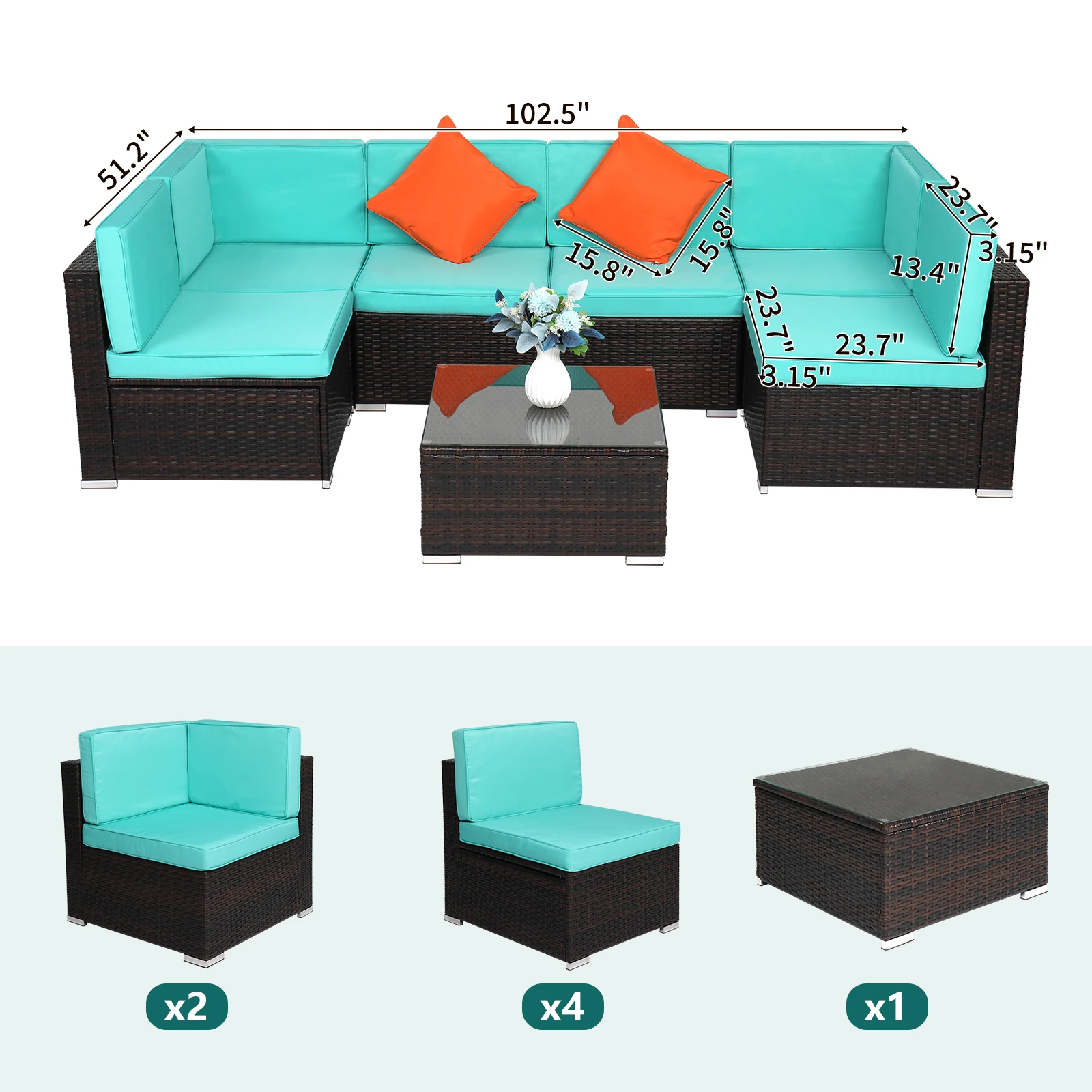 Brown Gradient Rattan Lake Blue Cushion Cushion Vacuum Packing Rattan 7 Piece Set 2