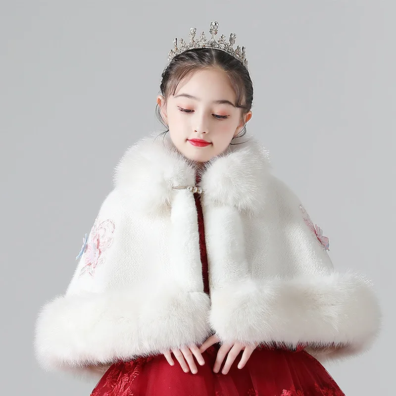 Winter Girls' White Faux Fur Wrap Plush Christmas Shawl Embroidered Flower Applique Jacket Party Dress for 1-14 -Year-old Kids