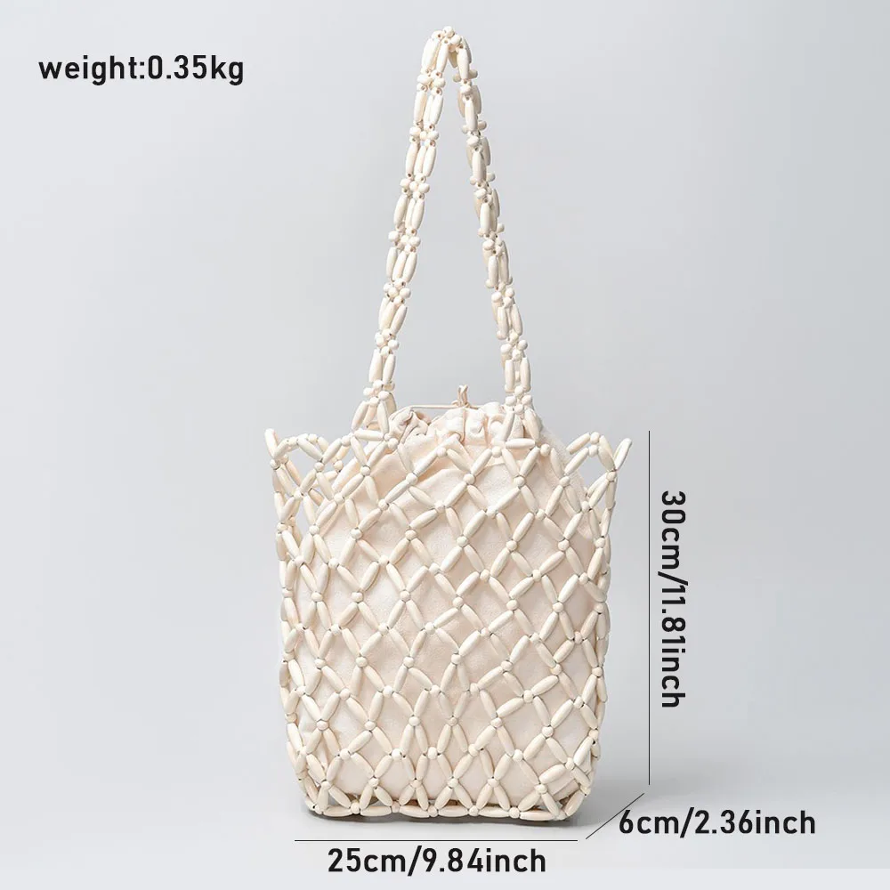 Women Woven Hand Bag Exquisite Hollow-out Wooden Bead Tote Shoulder Bag Female Summer Beach Handbag 2025 New