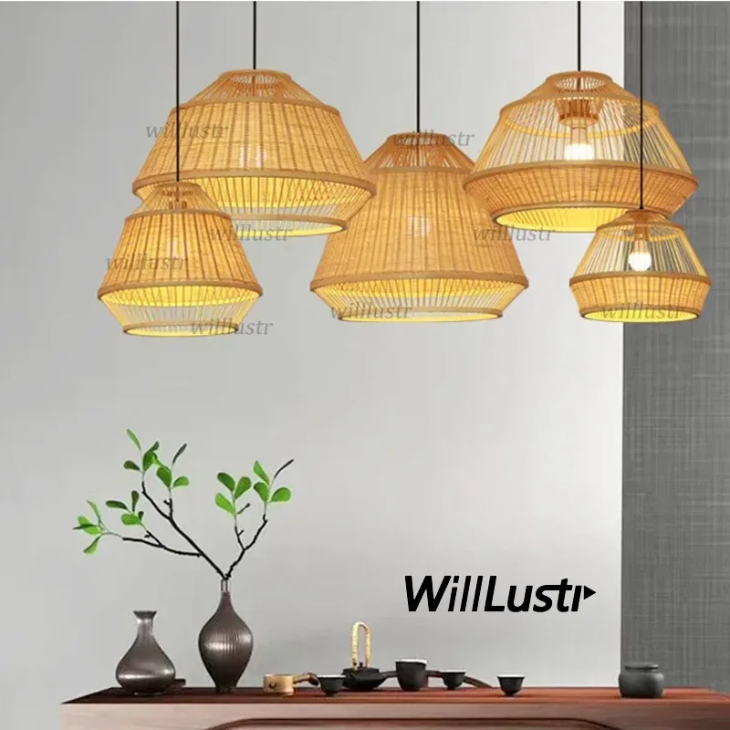 

Hand Knitted Bamboo Pendant Lamp Patchwork Suspension Light Hotel Cafe Bar Dining Room Handmade Wood Hanging Ceiling Chandelier