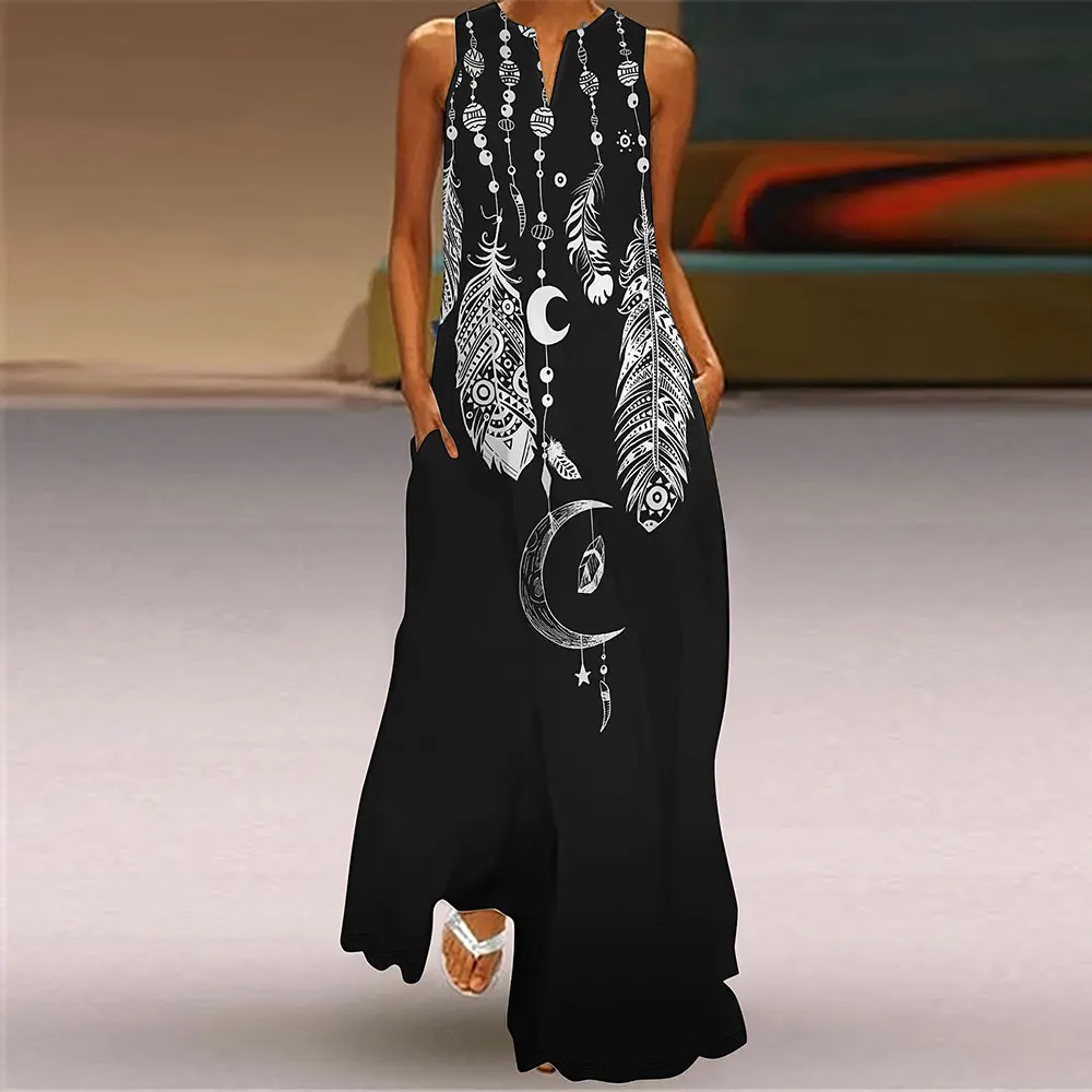 Women’S Loose Dress Summer Casual Feather Print Dress Women’S Plus-Size V-Neck Sleeveless Dress Fashion Elegant Evening Dress