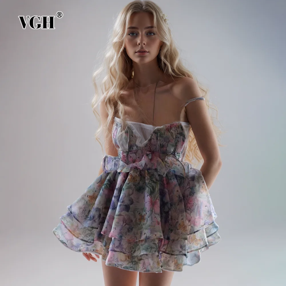 

VGH Hit Color Printing Patchwork Lace Up Dresses For Women Square Collar Sleeveless Backless High Waist Mini Dress Female New
