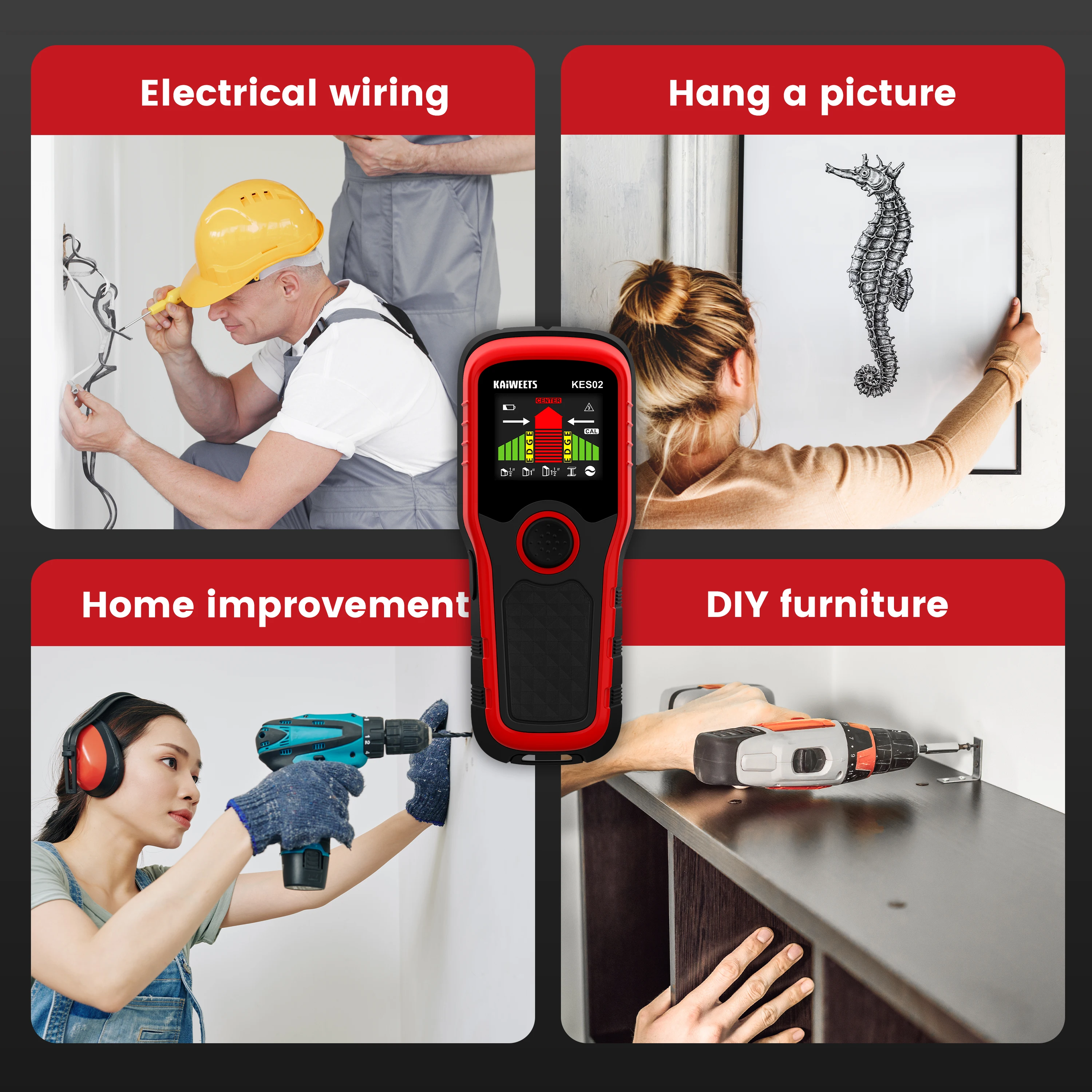 KAIWEETS Stud Finder Wall Scanner 5 in 1 LCD Electronic Detector Edge Center Wood Studs Metal Detecion AC Live Wires Detection images - 6