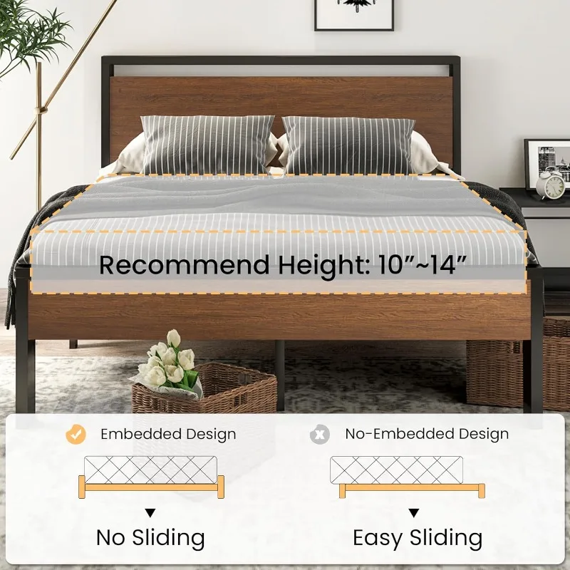 14 Inch Queen Size Metal Platform Bed Frame with Wooden Headboard and Footboard, Mattress Foundation, No Box Spring Needed,