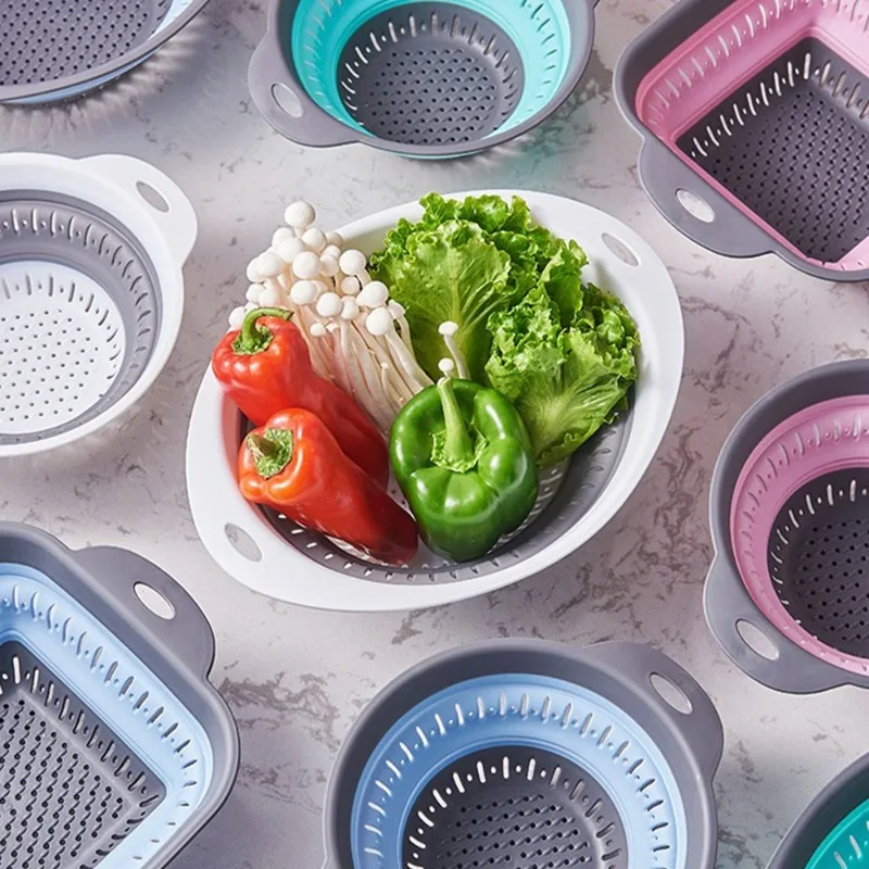 

Kitchen Draining Filter Organzier Silicone Kitchen Storage Basket Collapsible Colander Strainer Fruit Vegetable Drainer Foldable