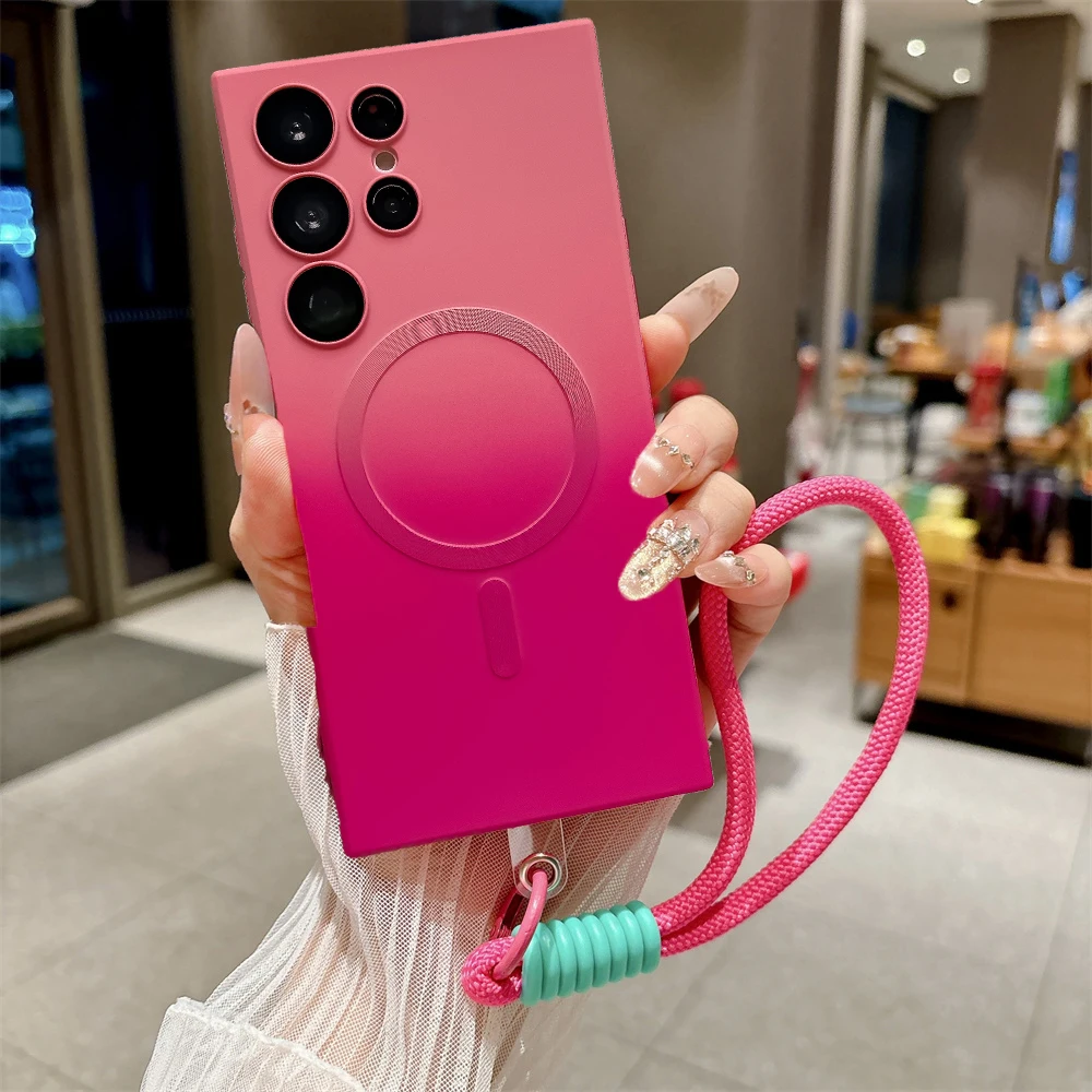 Gradient Lanyard Magnetic Phone Case with Wrist Strap Silicone Cover