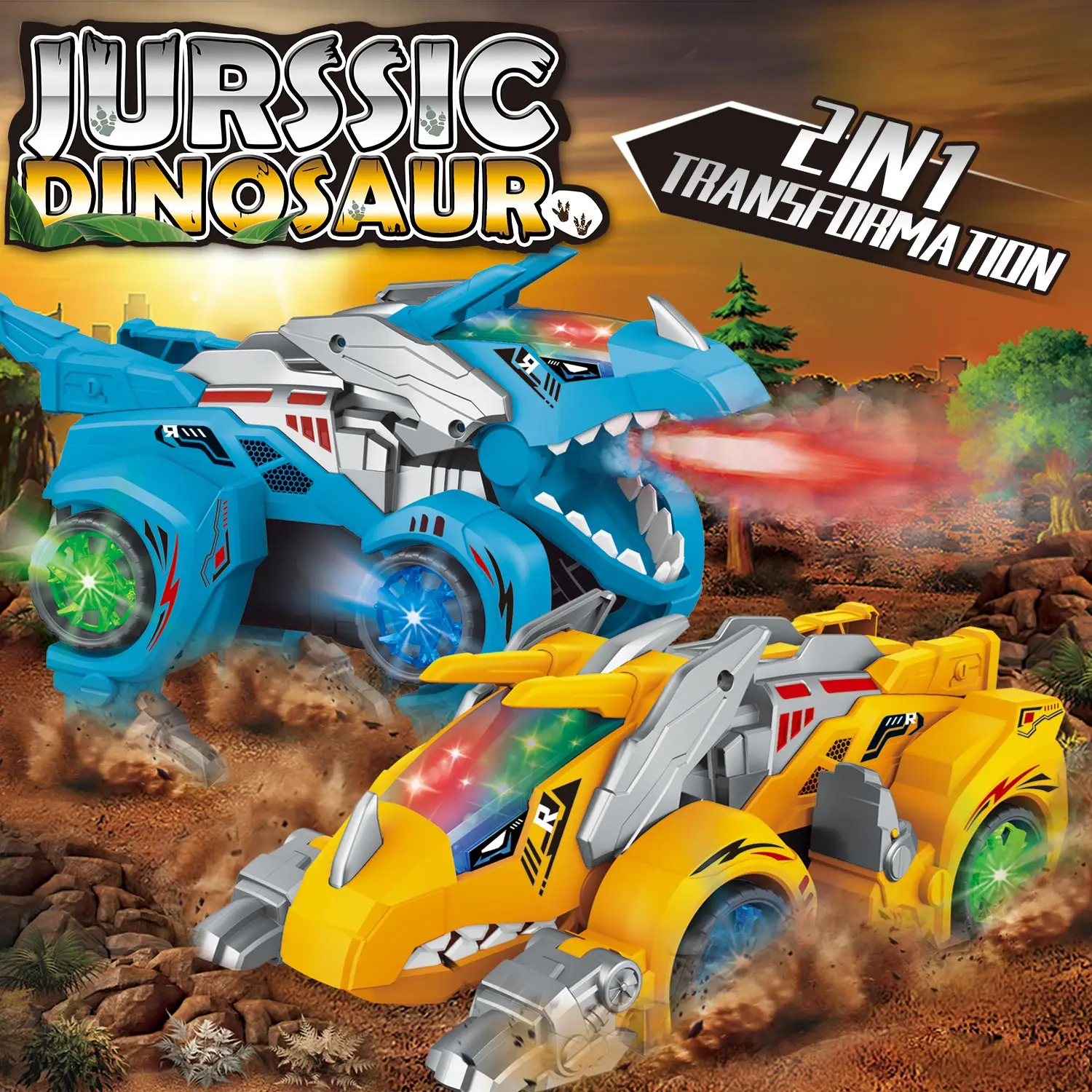 2 in 1 Transforming Dinosaur Car with LED Light,Music and Spraying,Automatic Deformation Dino Electric Toys Gift For Boys Kids new transforming dinosaur car deformation car toys inertial sliding dino car automatic transform toy boys amazing gifts kid toy