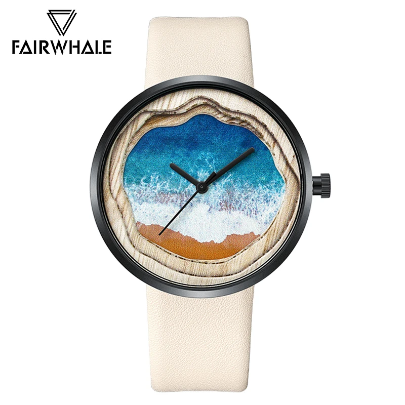 

MARK FAIRWHALE Creative Space Quartz Watch for Men Wood Grain Dial Soft Leather Belt Solid Stainless Steel Case Unisex Watches