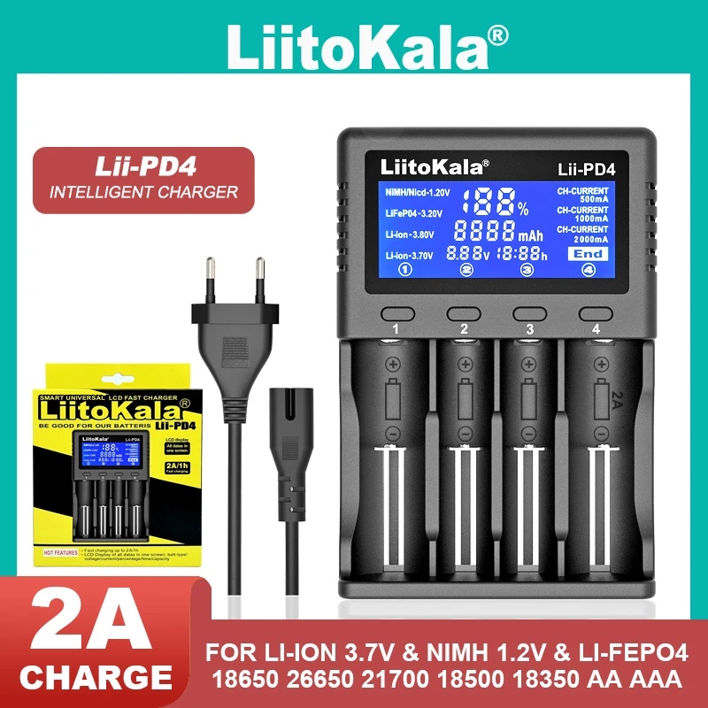 Battery Charger Battery Charger Adapter Liitokala lii-pd4 lii-PD2 lii-202 lii-402 Battery Charger 18650 3.7V 21700 Charger 14500 26650 1.2V AA NiMH Battery