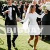 Elegant Short Wedding Dress Long Sleeve O-Neck Buttons Zipper Back Simple Bridal Gown Above Knee Vestidos De Noiva Customized 3