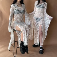 E-girl Goth Punk moulante robe à bretelles femmes pure dentelle robe Maxi chauve-souris à manches longues Y2k fée Grunge voir à travers la robe fluide fendue 5
