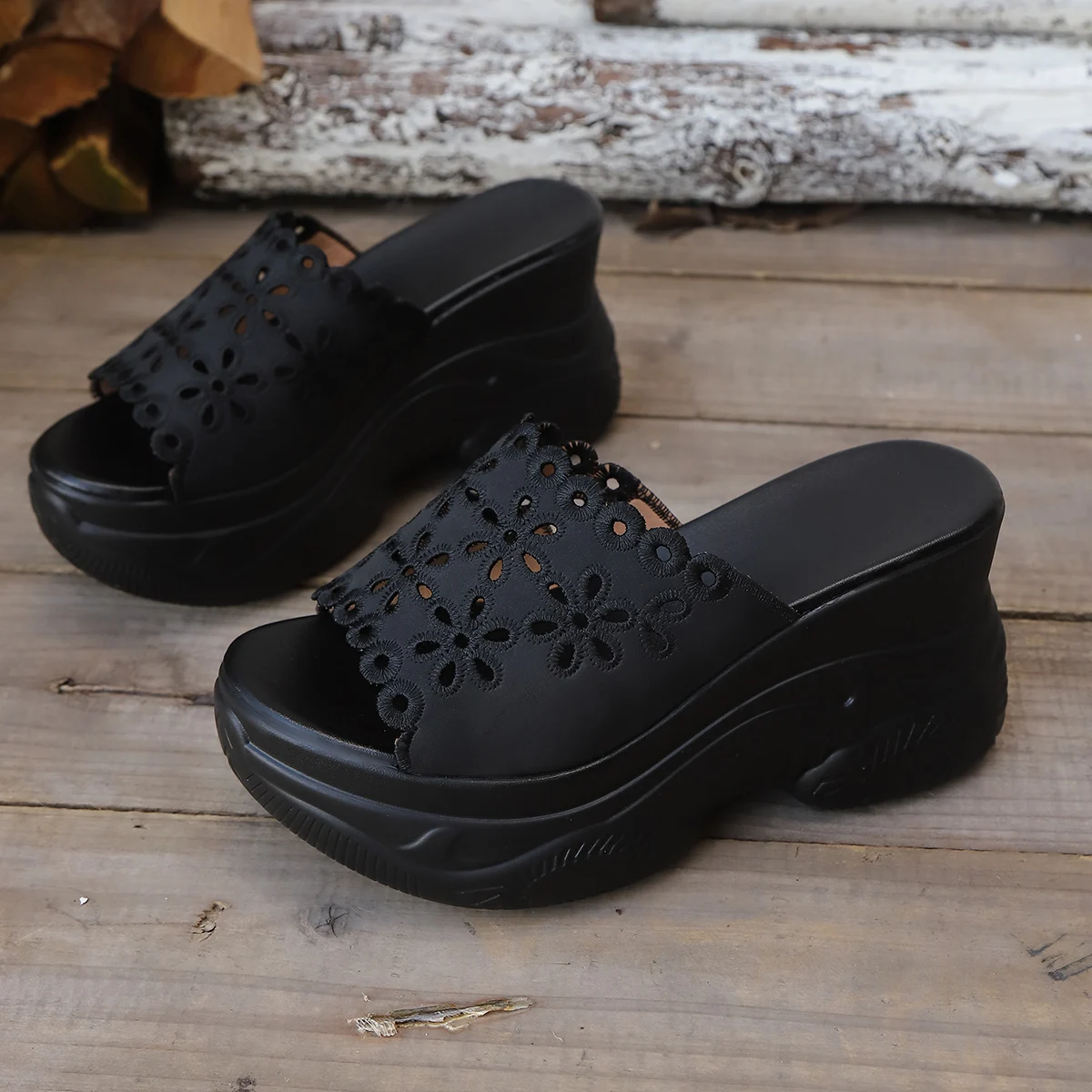 Aphixta Black Wedge Slides 3.54inch Super High Heels Platform Woman Outside Slippers Soft Hollow-out Flower Summer Wedge Shoes