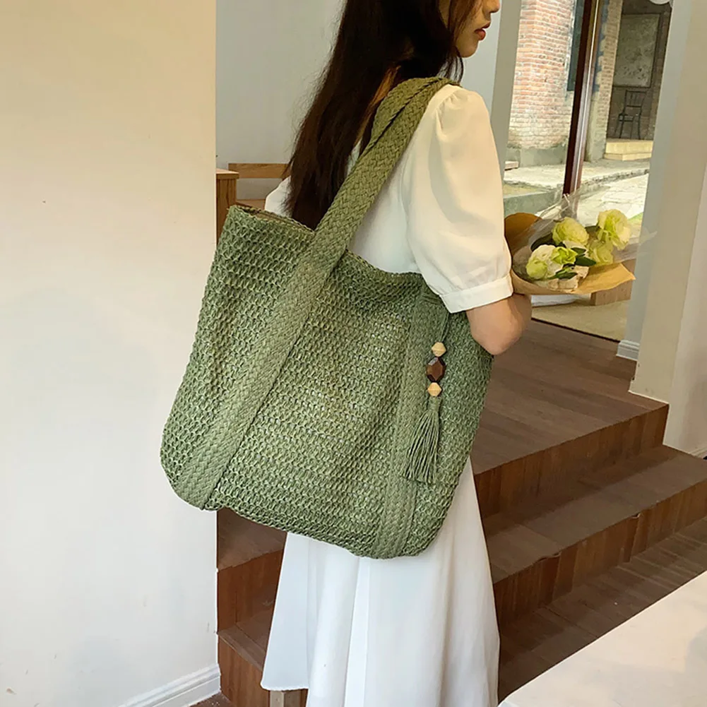 Woven Handbag Summer Tote with Tassel Pendant for Women