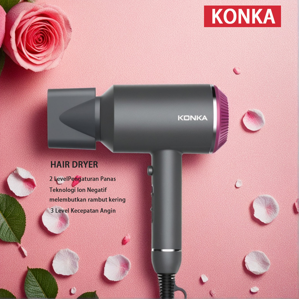 KONKA Hair Dryer - 1800W Ionic Technology, Fast Drying, Foldable Design, 3 Heat/Speed Settings, for Home & Travle KG-1601