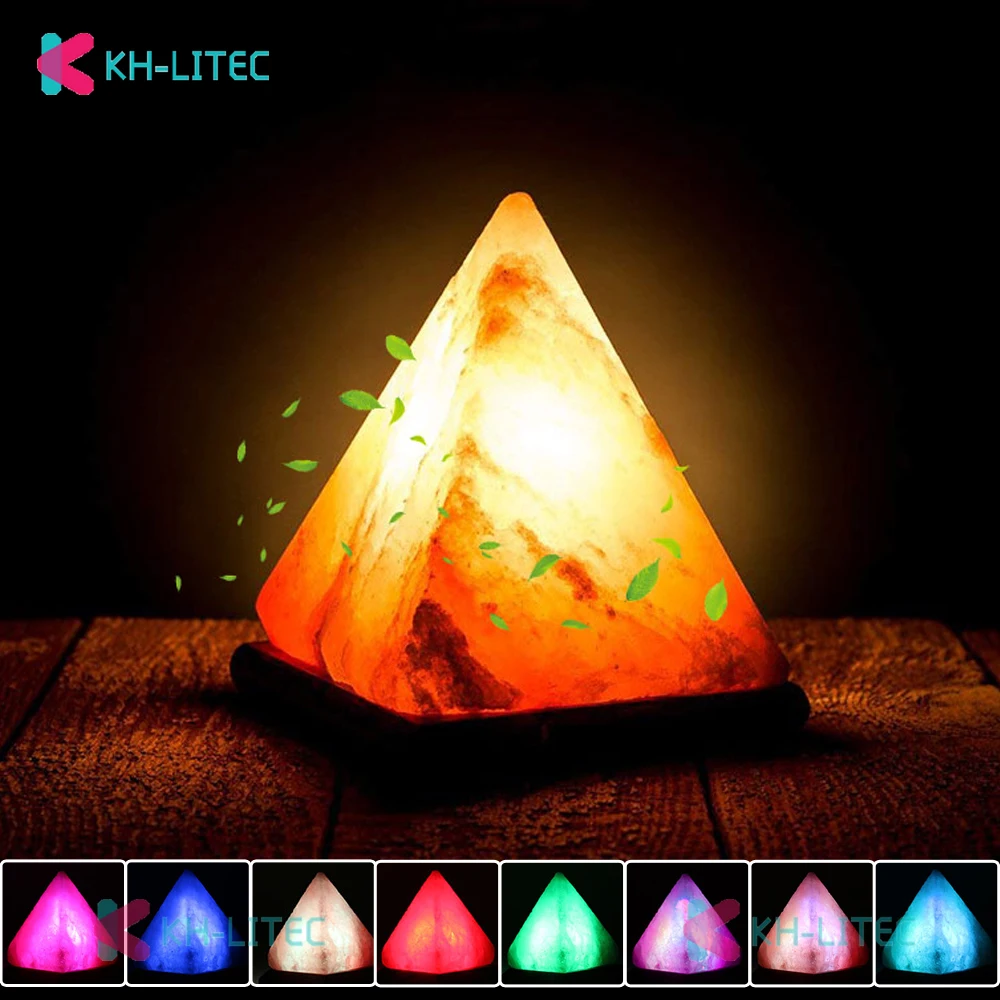 

Triangle USB Salt Lamp Hand Carved Purifier Night Light Wooden Base Himalayan Colorful Natural Crystal Rock Lamp Light