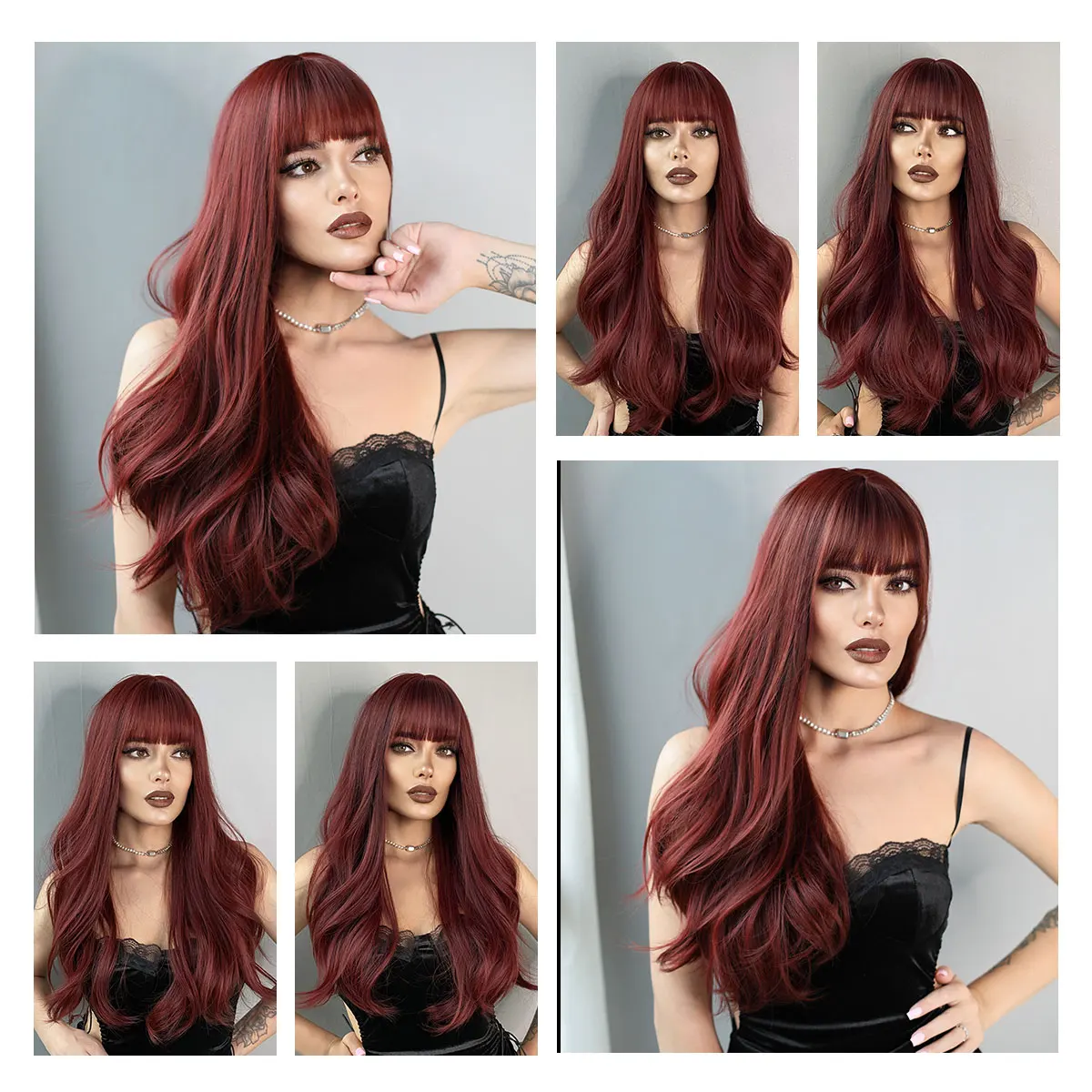 7JHH WIGS Dark Red Wavy Wig for Woman Daily Party Cosplay Long Curly Hair Wigs with Bangs Natural Synthetic Hair Burgundy Wig