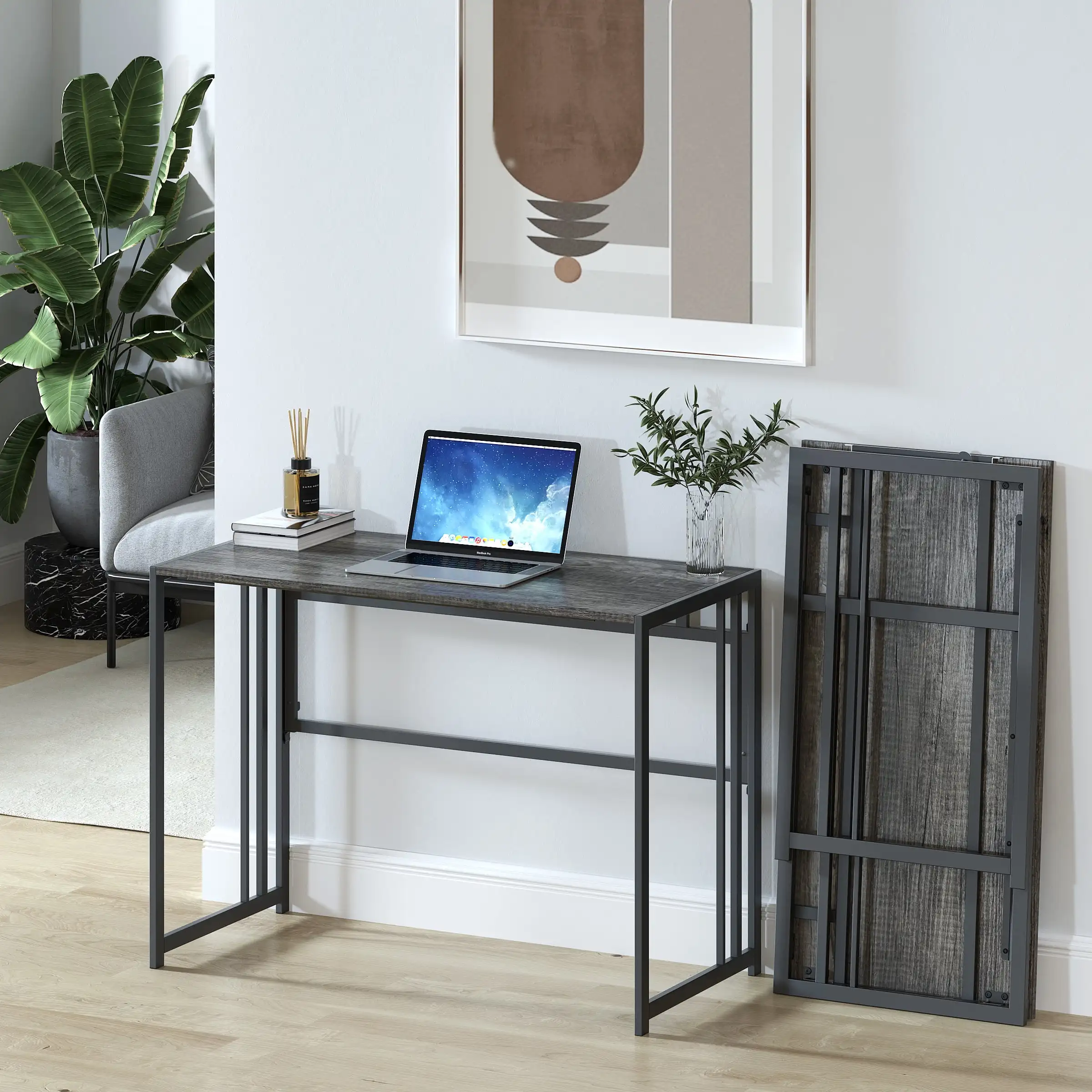 

Luxurious Refined Fashionable and Elegant Folding Desk Writing Computer Desk Work Table for Home Office Small Spaces Black Oak