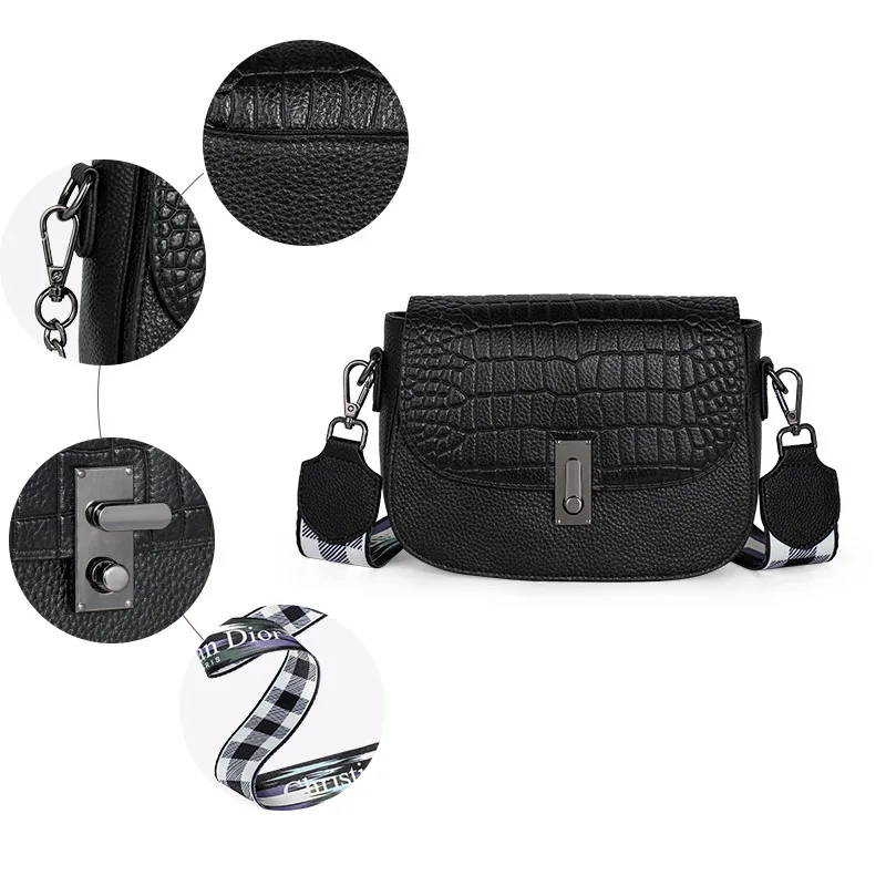 Fashionable crocodile pattern cowhide women's shoulder bag, casual and versatile black daily commuting mini shell bag