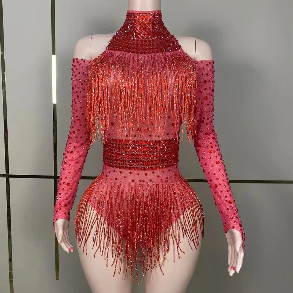 

Sexy Red Black Rhinestones Fringed Bodysuit Women Gogo Dance Rave Outfit Dj Ds Stage Jazz Clothes Clubwear Drag Queen Costumes