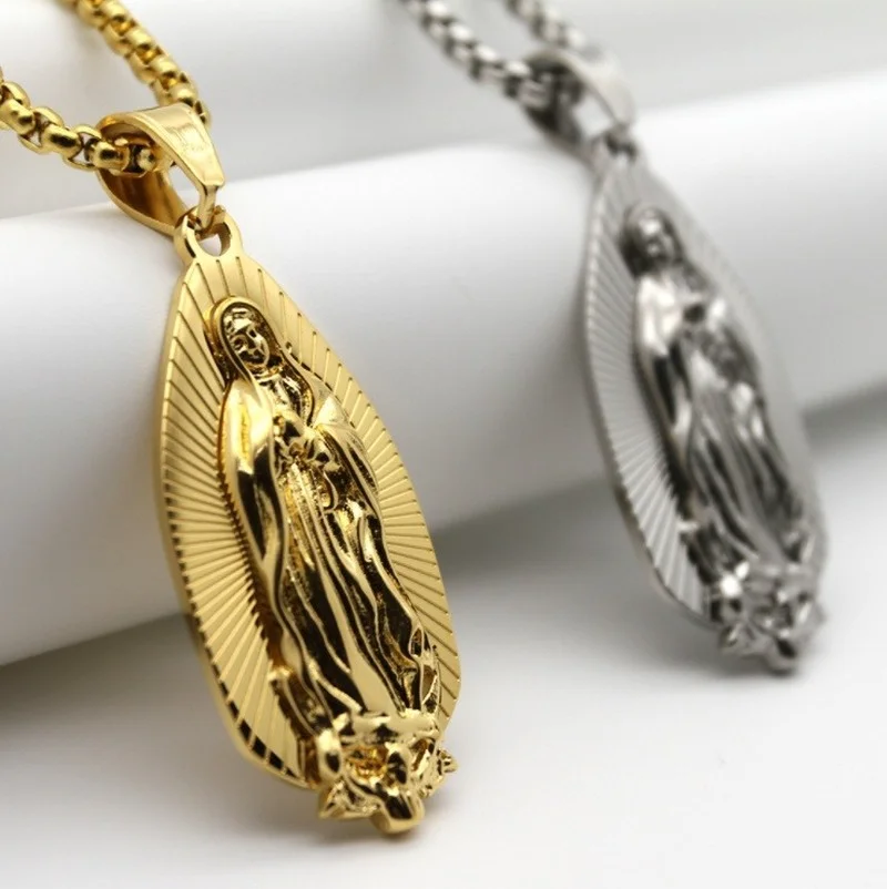 Men's Halloween Virgin Mary Necklace Pendant Gold color Female Chain Guadalupe Virgin Mary Christian Jewelry