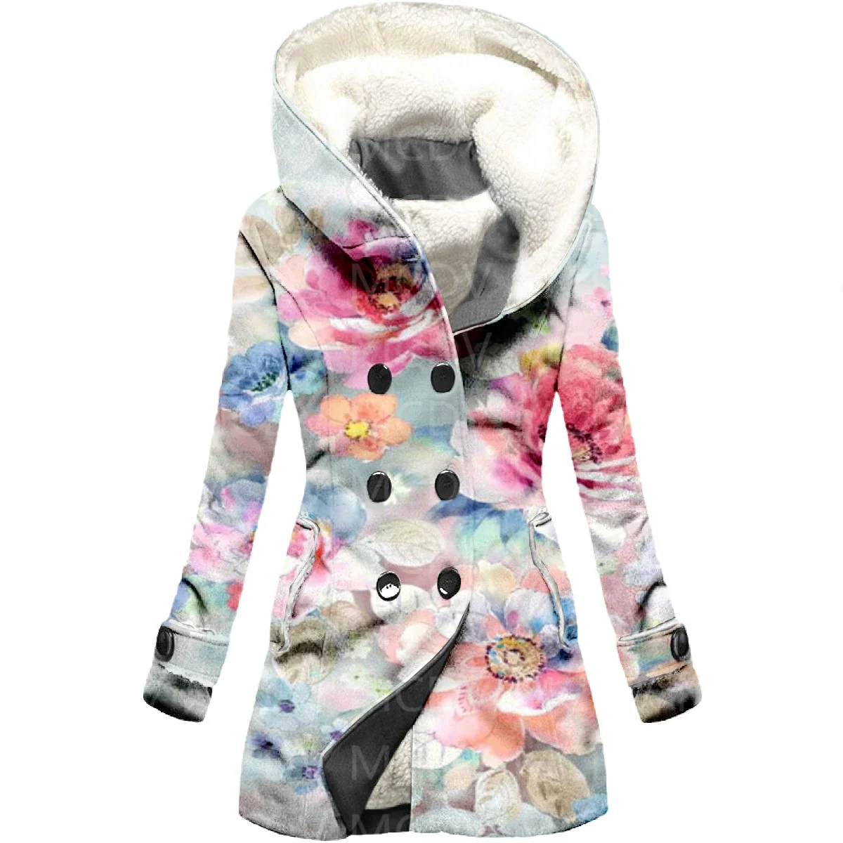 Flower 3D Printed Fleece Hooded Cloak Women Thick Warm Coat Women's Winter Warm Overcoat 06
