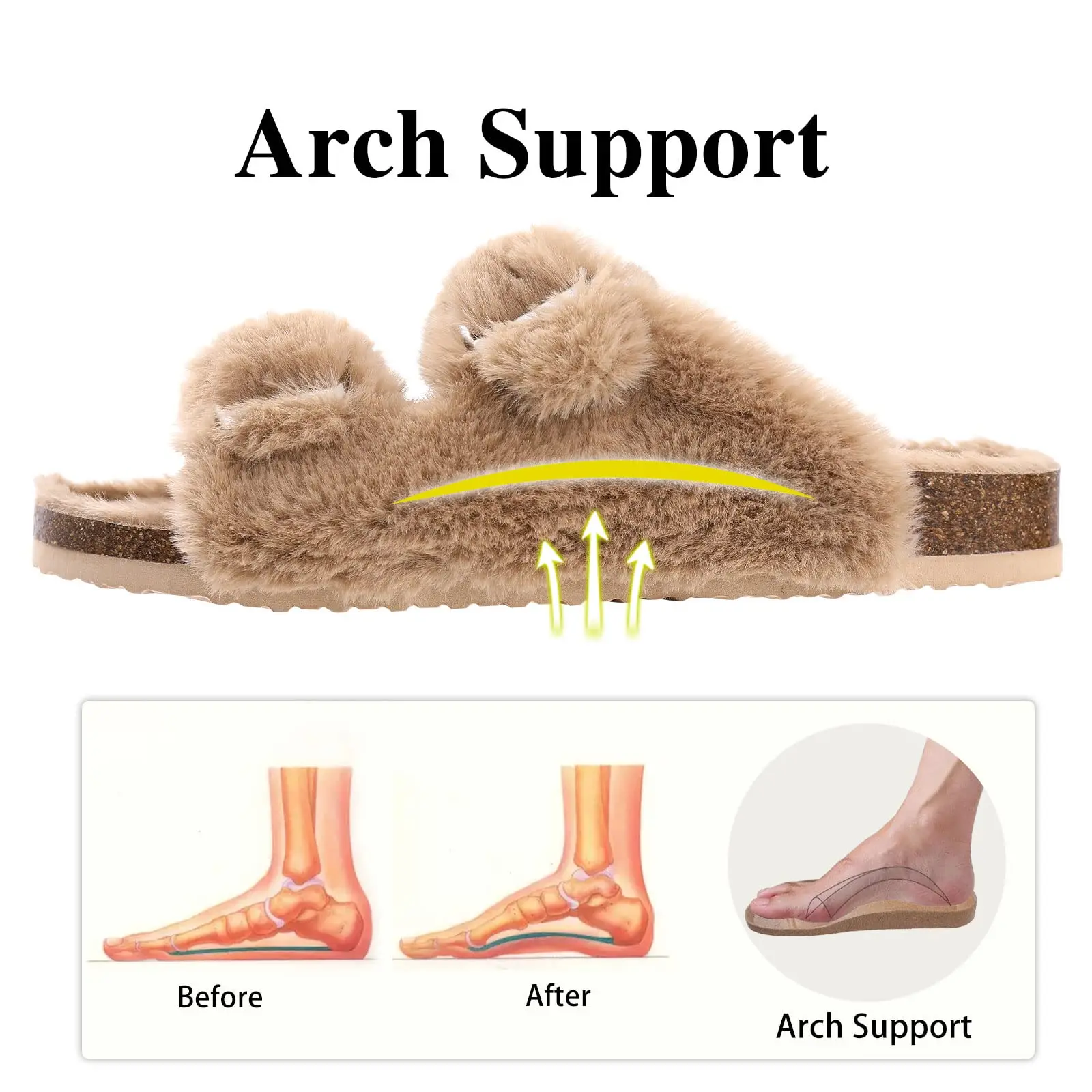 Crestar Women Fuzzy Slippers with Cork Footbed Fluffy Slide Sandals Open Toe Indoor House Shoes Arch Support Adjustable Slippers 4