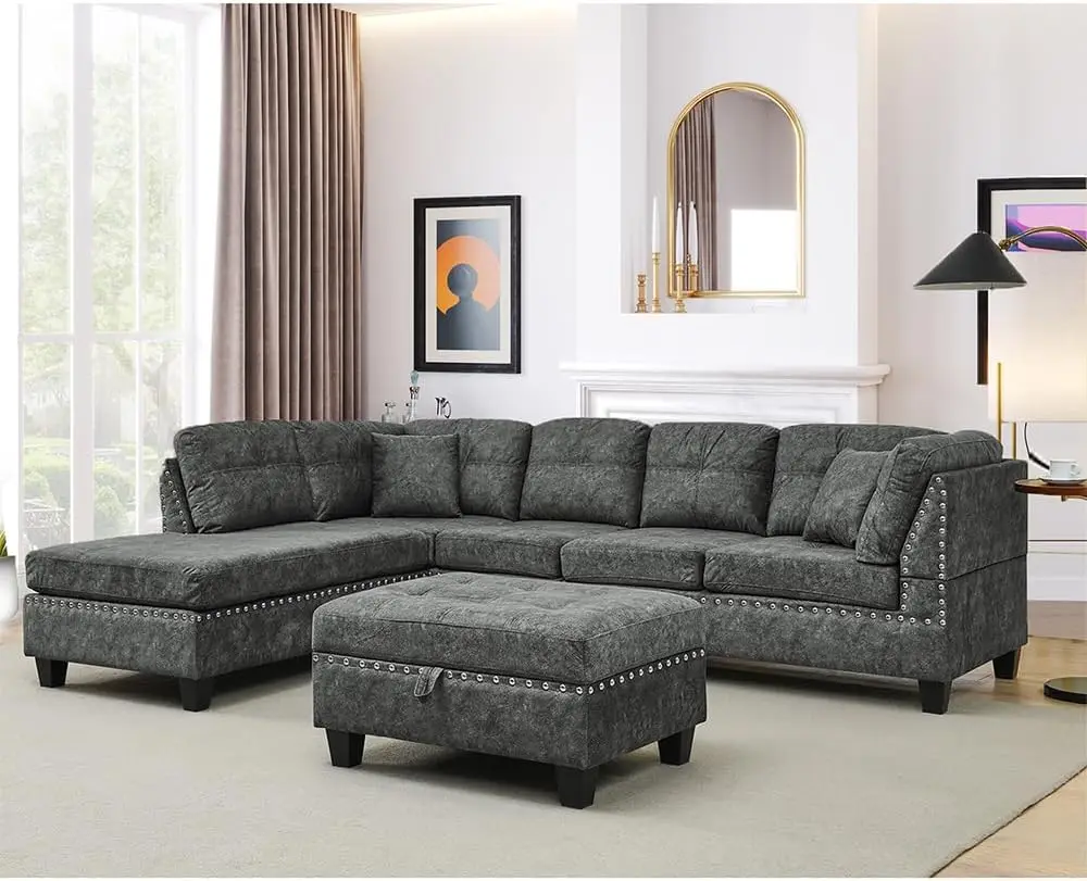 

Living Room Furniture Sets,Sectional Sofa with Storage Ottoman,L-Shaped 2 Pillows&Extra Wide Reversible Chaise,Upholstered