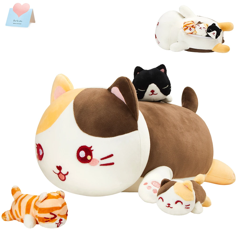 4pcs Cute Cat Family Throw Pillows 3 kittens Dolls Set Plush Toy Animals Pillows for Girl Kids Interactive Children's Plush Doll 2