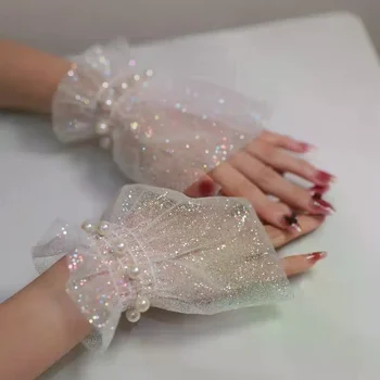 Attrezzatura fotografica per unghie Polso corto in pizzo con perle Maniche finte Polsino falso decorativo per sposa Articolo in tulle Nail art Scatta foto di sfondo