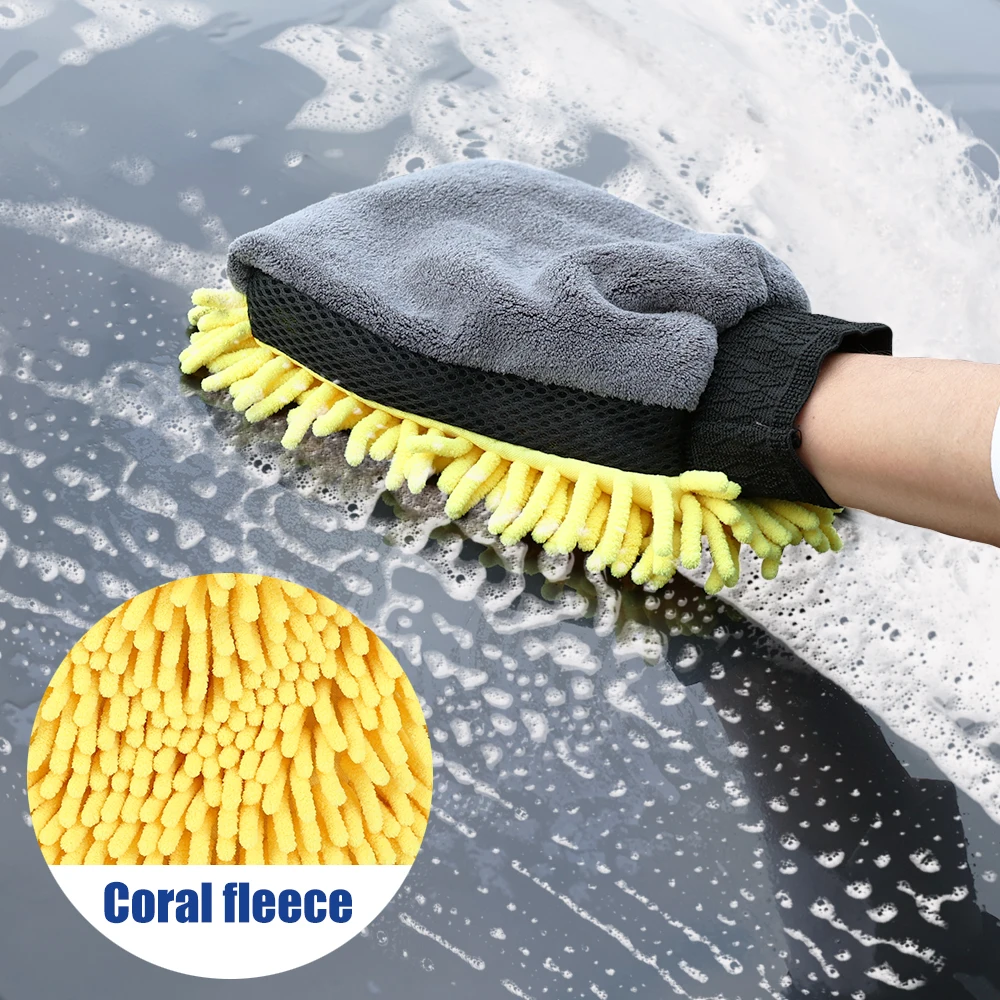 

2 In 1 Coral Fleece Car Wash Gloves Thickened Cars Cleaning Gloves Absorbent Brush Gloves Auto Detail Care Cleaning