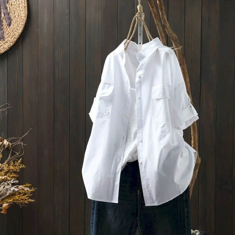 

Женская однотонная хлопковая рубашка-поло с коротким рукавом и воротником-стойкой