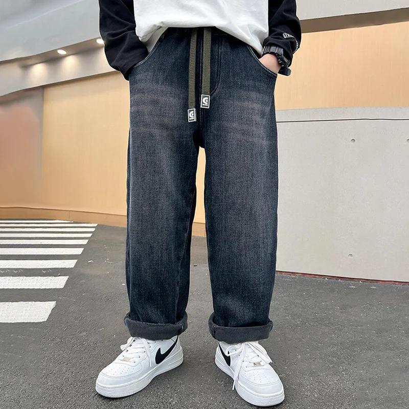 Kids Autumn Winter Fleece-lined Warm Denim Pants 5-14 Years Boys Fashion Letters Straight Loose Jeans Casual Sports Trousers