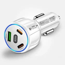 90W 3 - in - 1 Car Quick Charger with QC3.0 and PD USB Type - C (White)