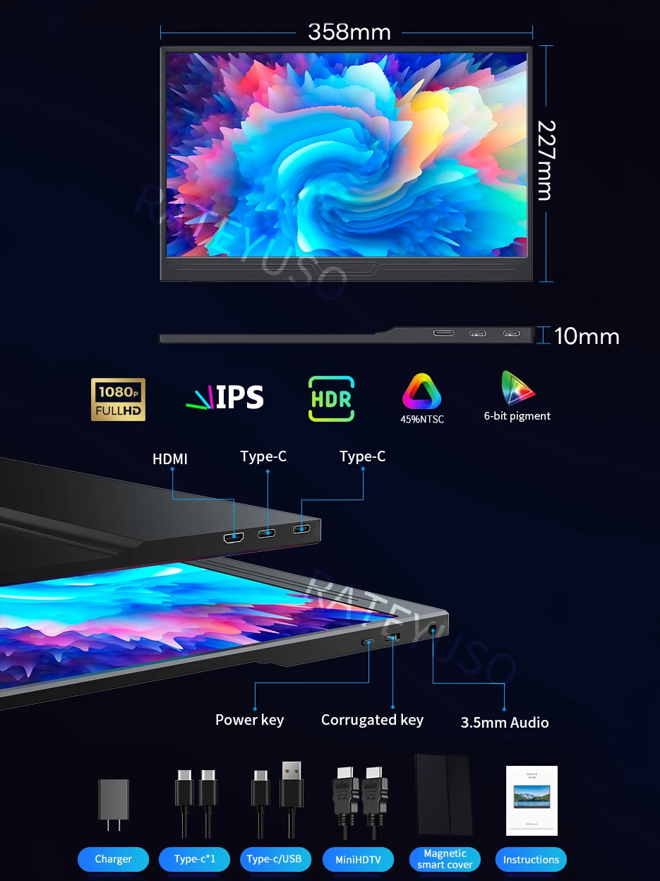 휴대용 HDMI C타입 여행용 모니터, Xbox Switch Ps4 PS5 노트북 휴대폰 컴퓨터용, 15.6 인치, 60Hz FHD IPS 1920*1080