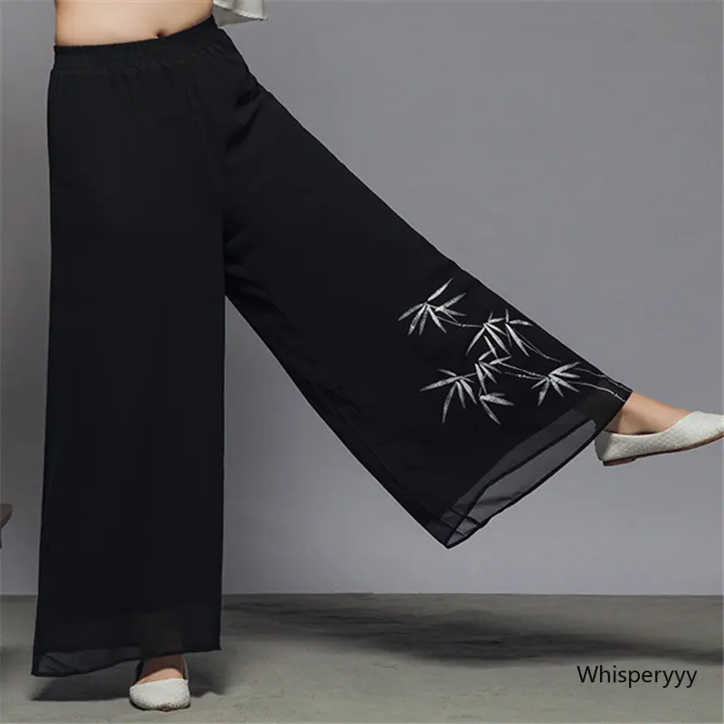 Double-layer Chinese Style Casual Chiffon Wide-leg Pants Women Trousers Summer Chinese Retro National Zen Yoga Skirt Pants