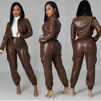 Women Pants Sets Two Piece Long Sleeve Cardigan Hidden Breasted Solid Zipper Fly Pencil Pants Slim Fit High Street Pockets 1
