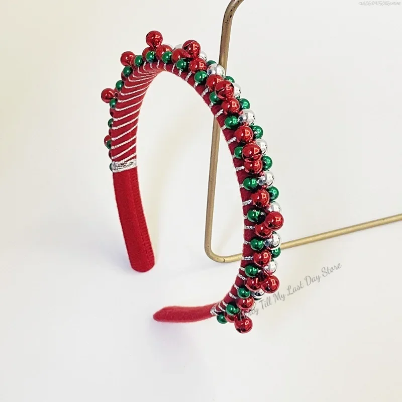 Red Green Christmas Headband Women's Simple Thin Edges Flannel Jingling Bell Beaded Winding Holiday Hair Accessories