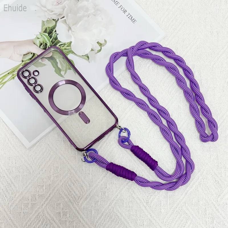 Magnetic Transparent Plating Case with Crossbody Lanyard Strap