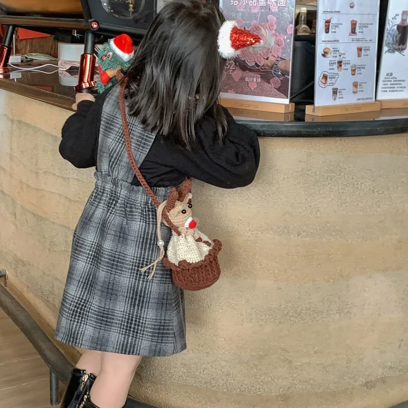 Bucket Bag Christmas Wool Crocheted Boys and Girls Cute Cartoon Small Mini Bag Candy Change Crossbody Storage Trend All-match