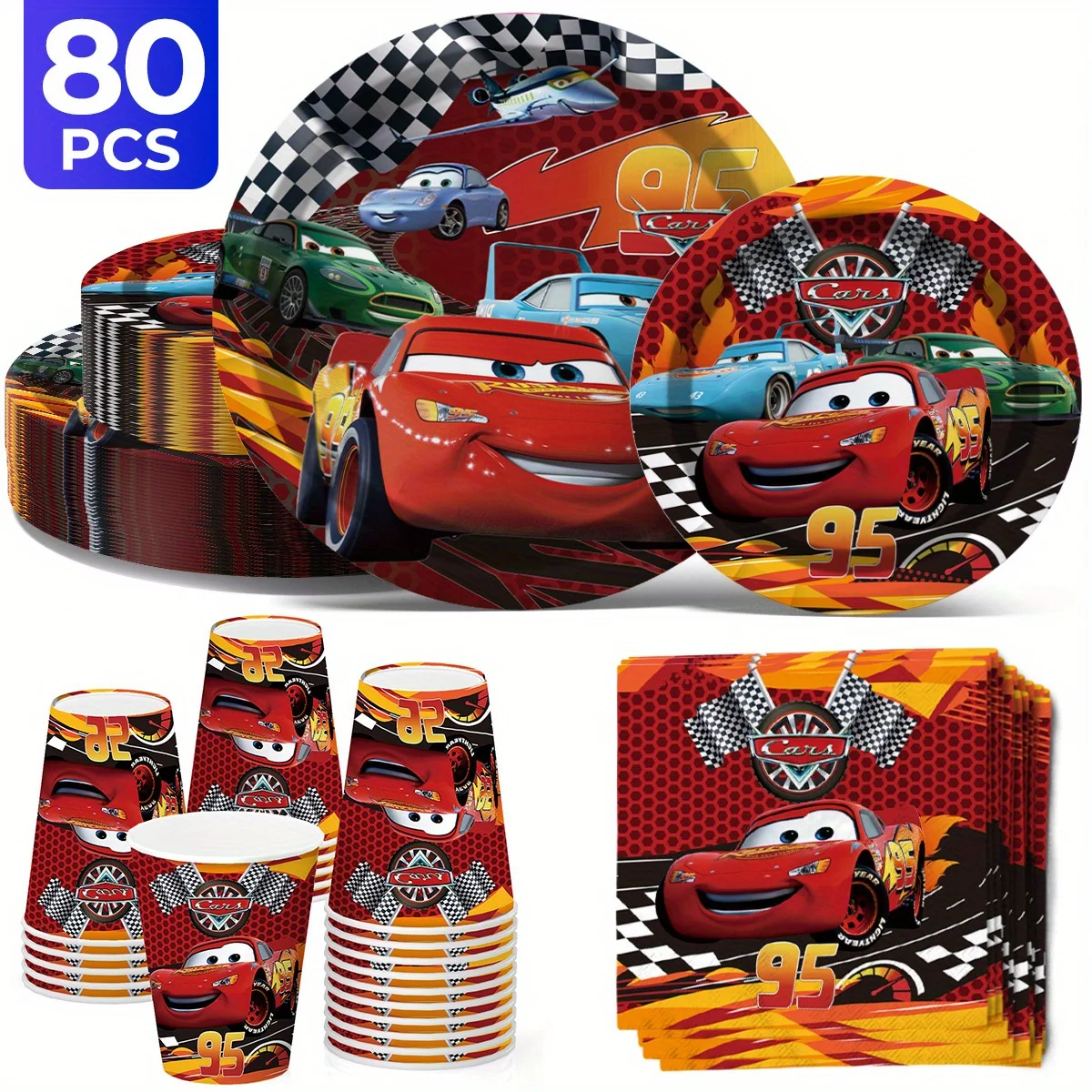 80 Disposable Iconic Brand Car Cutlery Set, Including 20 Plates, 20 Dessert Plates, 20 Paper Cups, and 20 Tissue Party Cutlery Set